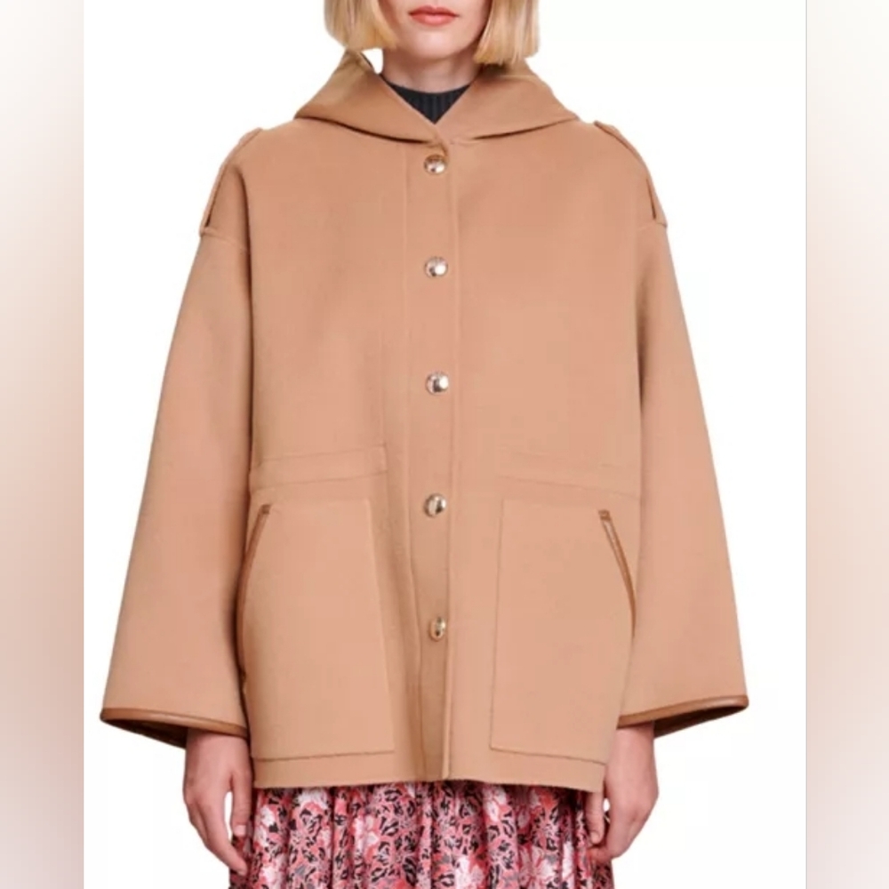 Maje Gangbo Oversized faux leather trim hooded wool blend coat in brown/camel